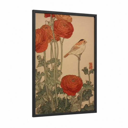 Robin Ranunculus framed art print — black wood frame — cream palette