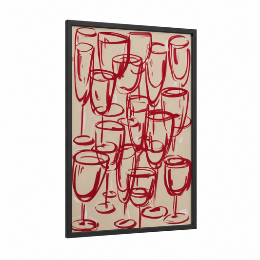 Crimson Wine Celebration framed red wine print — black wood frame — red and cream palette