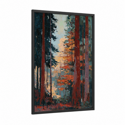 Autumn Redwood Forest framed redwood tree print — black wood frame — maroon and gold palette