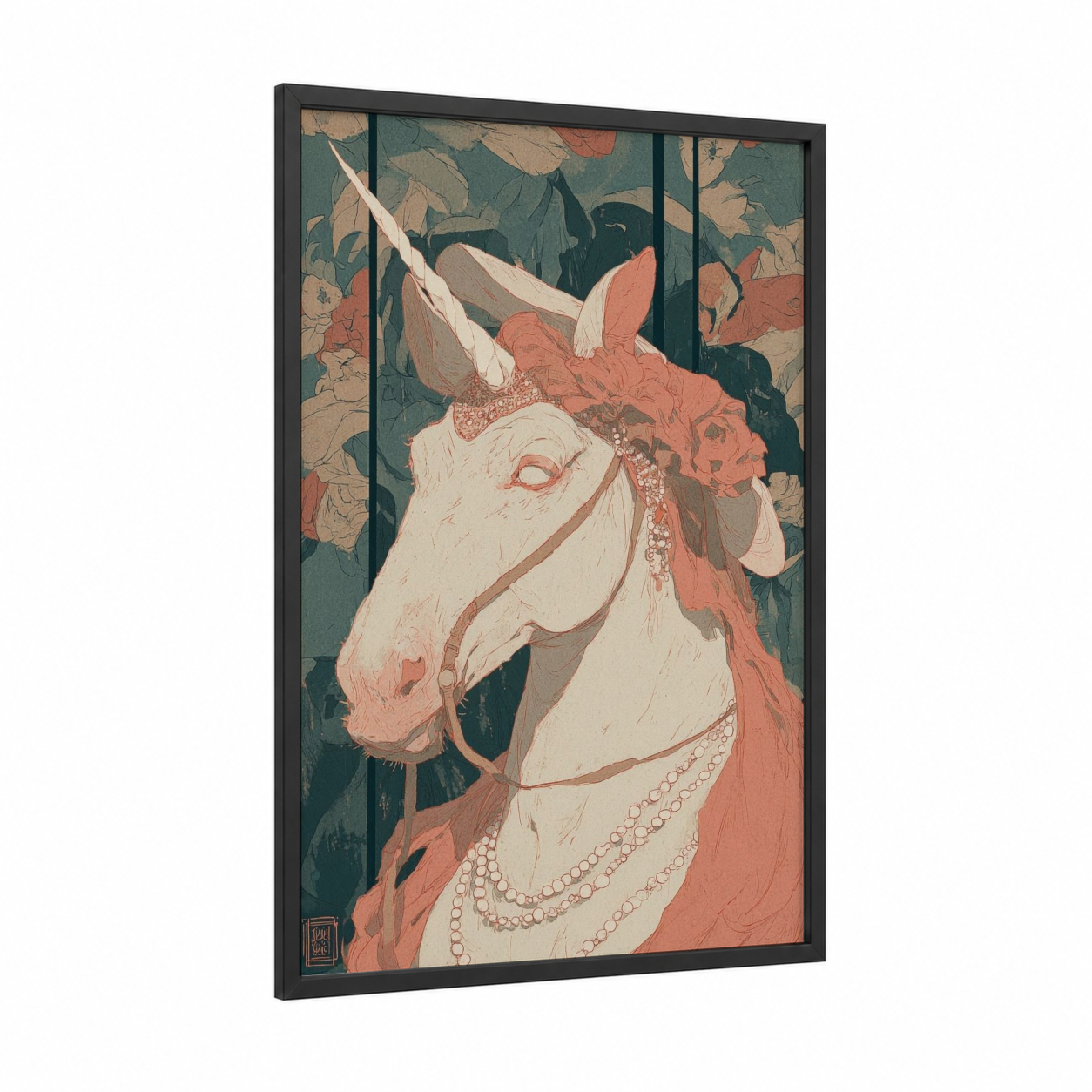 Ornate Unicorn framed unicorns print — black wood frame — cream and salmon pink palette