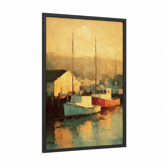 Golden Harbor Summer framed art print — black wood frame — gold and teal palette