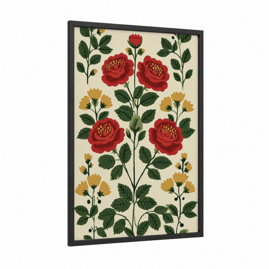 Classic Garden Roses framed art print — black wood frame — red and dark green palette