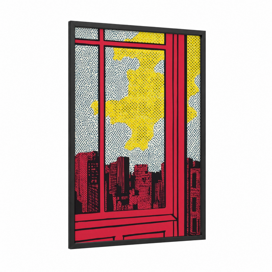Urban Window View framed art print — black wood frame — red and yellow palette