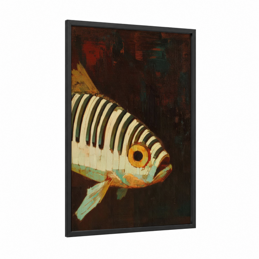 Striped Zebrafish framed art print — black wood frame — black and gold palette