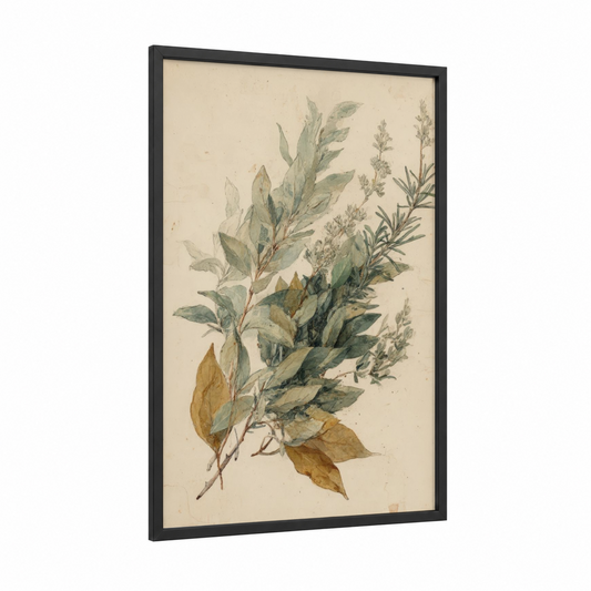 Botanical Herbs Study framed herbs and spices print — black wood frame — sage green and cream palette