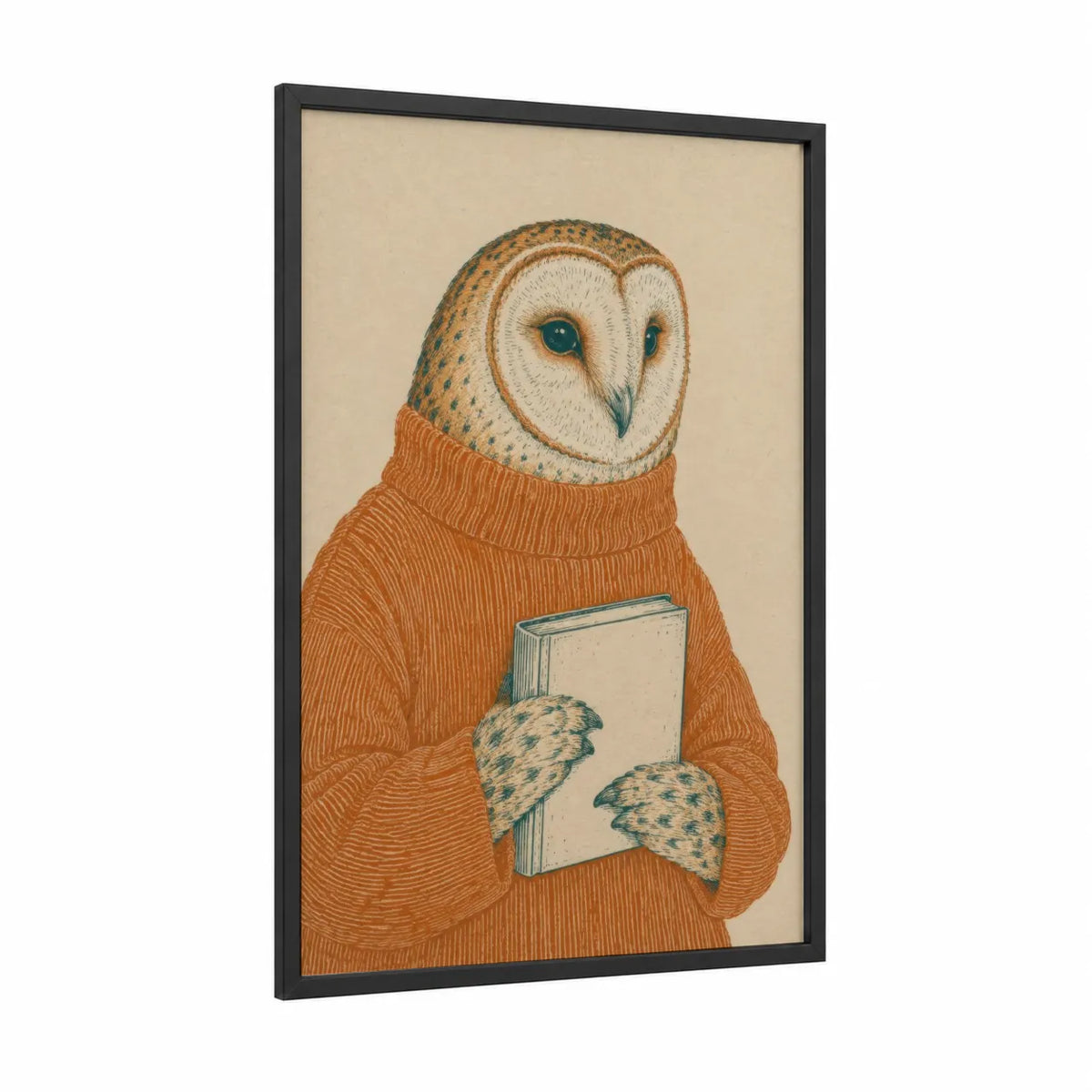 Scholarly Barn Owl Reading Wall Art framed art print — black wood frame — beige and orange palette