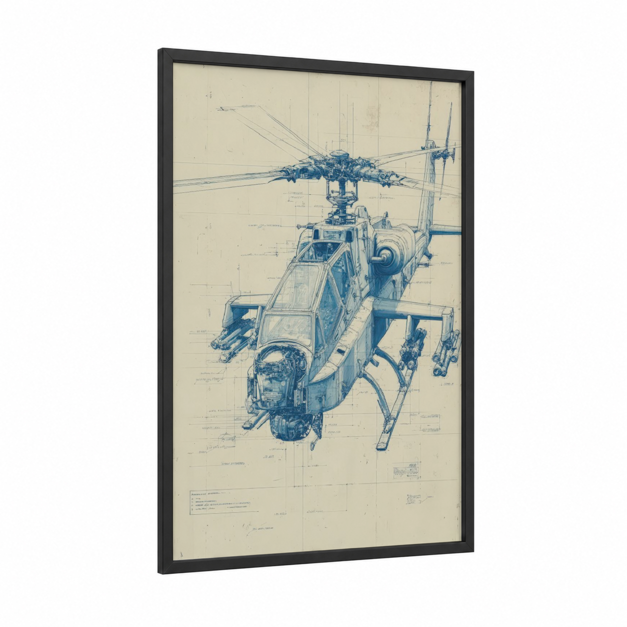 Technical Helicopter Blueprint framed art print — black wood frame — blue and cream palette