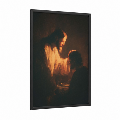 Divine Light framed jesus christ print — black wood frame — gold and black and gold palette