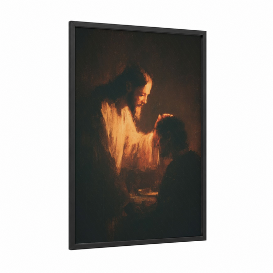 Divine Light framed jesus christ print — black wood frame — gold and black and gold palette