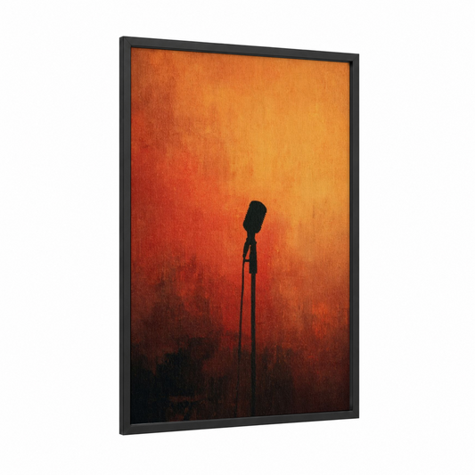 Sunset Microphone framed art print — black wood frame — red and orange palette