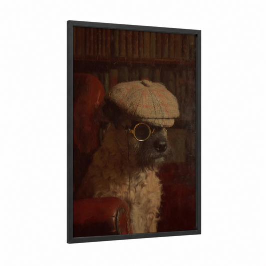 Steampunk Terrier framed art print — black wood frame — brown and gold palette