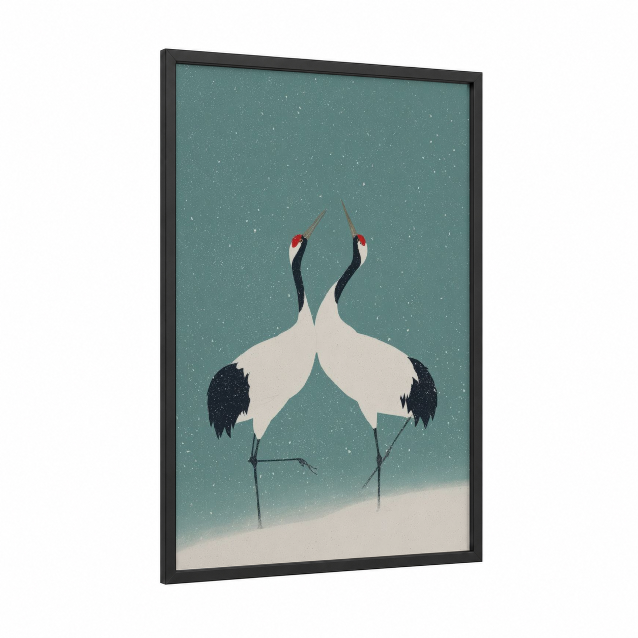 Snowy Cranes Duet framed animals in love print — black wood frame — teal and white palette