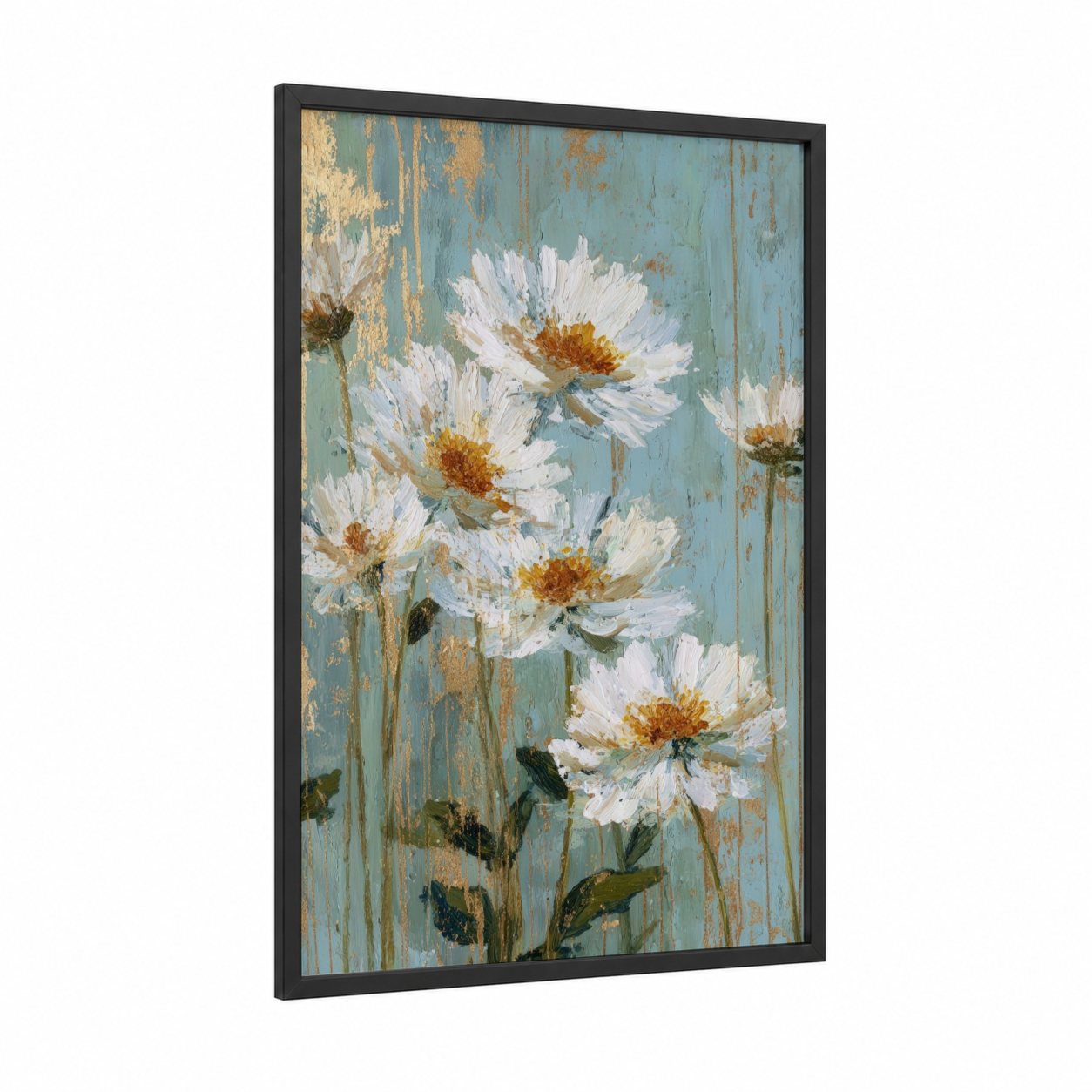 White Daisies framed daisy print — black wood frame — teal and gold palette