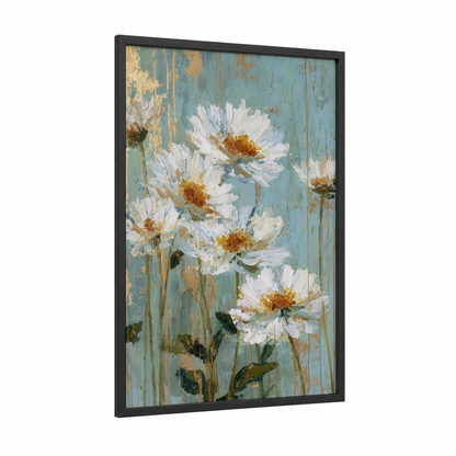 White Daisies framed daisy print — black wood frame — teal and gold palette