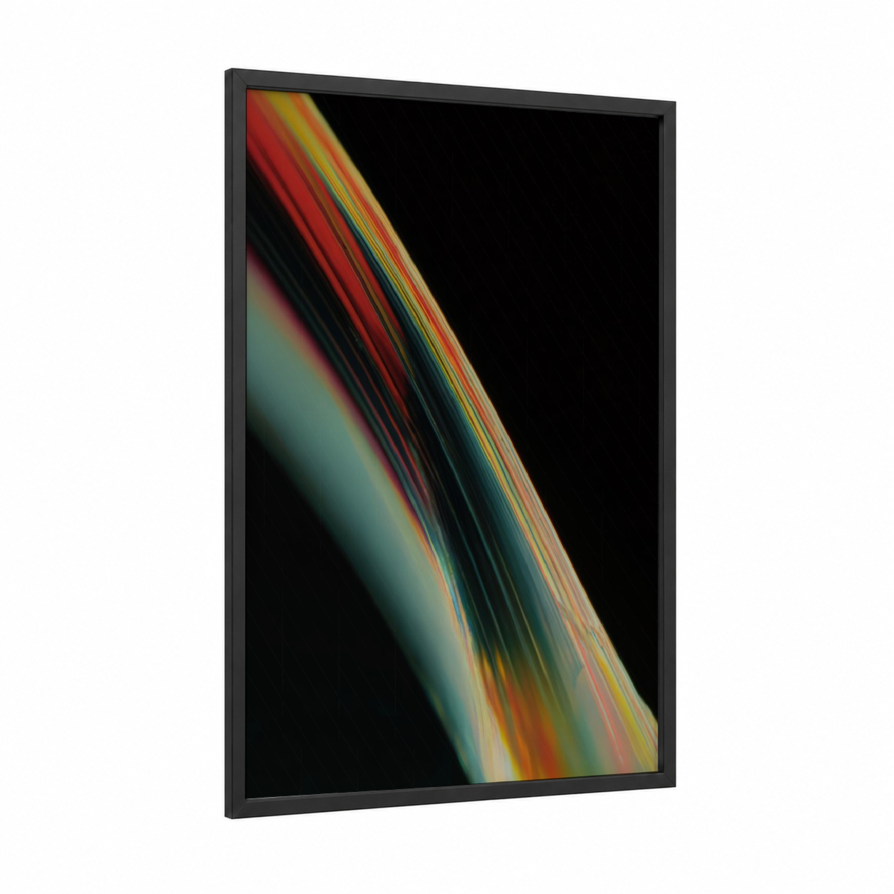 Radiant Glass Flow framed glassworking print — black wood frame — red and turquoise palette