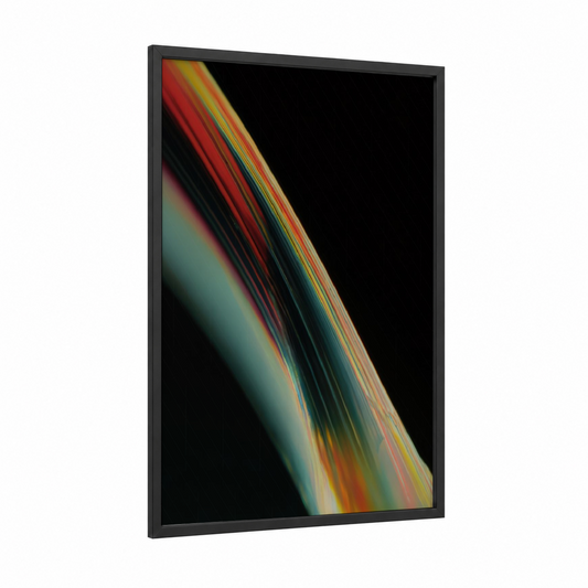 Radiant Glass Flow framed glassworking print — black wood frame — red and turquoise palette