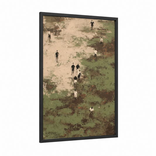 Aerial Football Match framed art print — black wood frame — sage green and beige palette