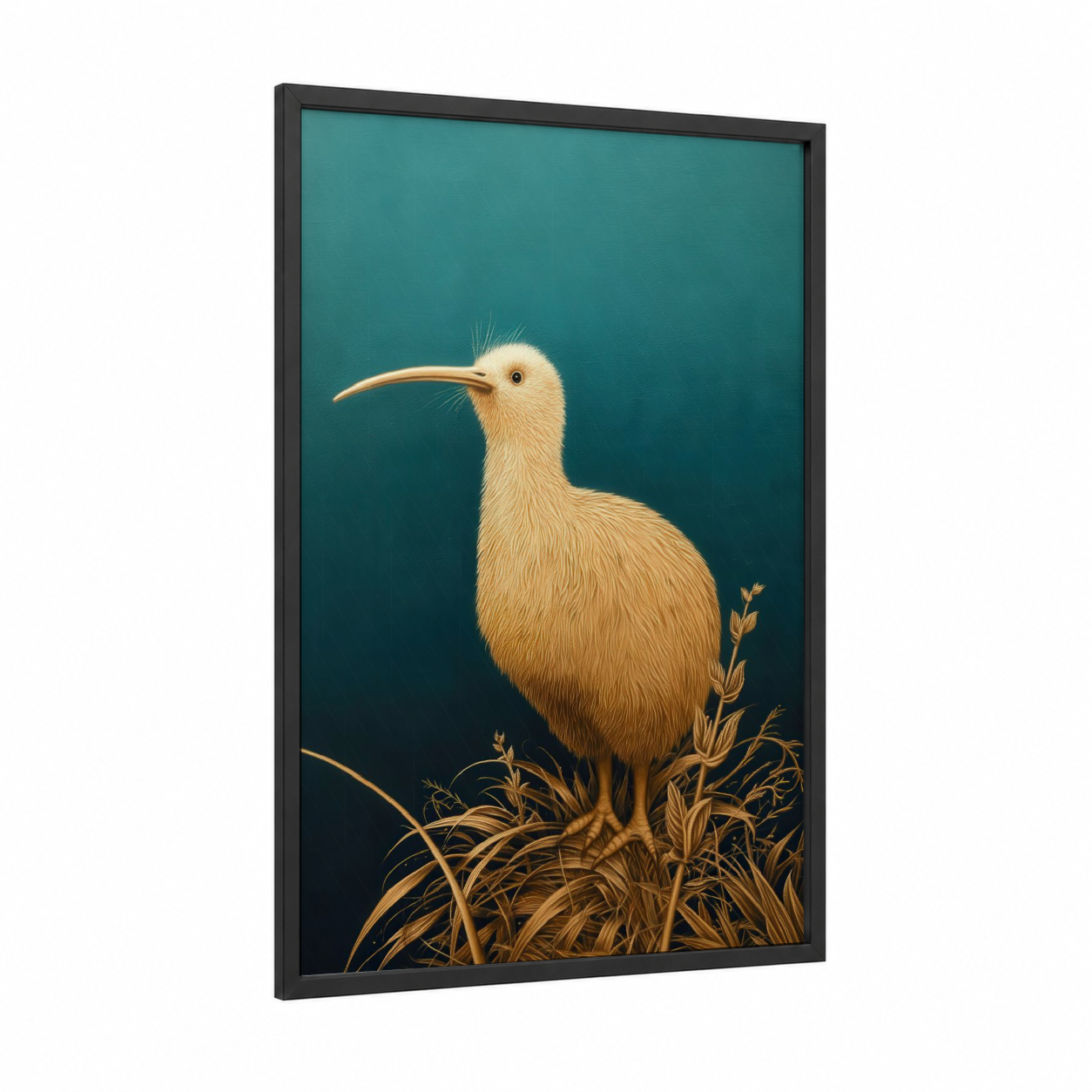 Cream Kiwi framed art print — black wood frame — teal and gold palette