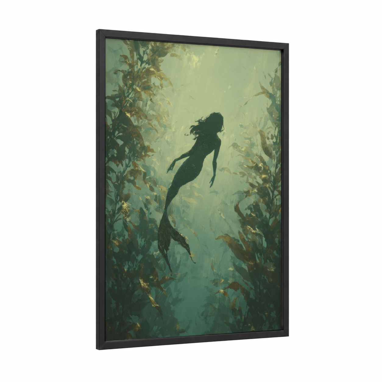 Kelp Forest Mermaid framed art print — black wood frame — teal and gold palette