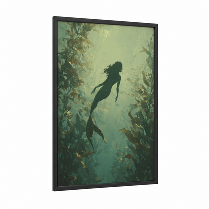 Kelp Forest Mermaid framed art print — black wood frame — teal and gold palette