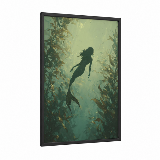 Kelp Forest Mermaid framed art print — black wood frame — teal and gold palette