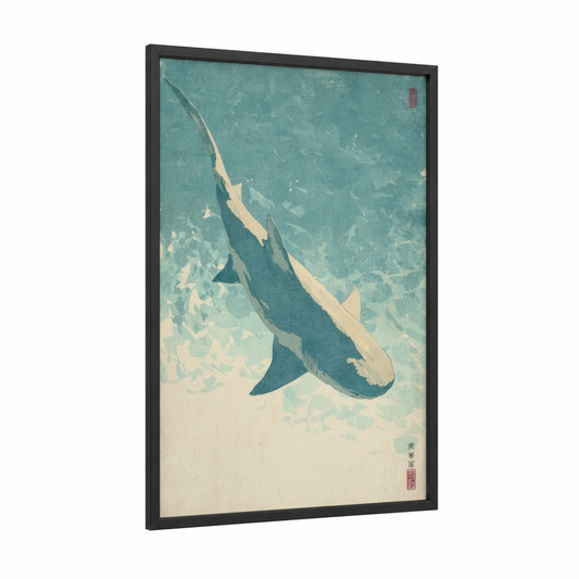 Overhead Lemon Shark framed art print — black wood frame — aquamarine and cream palette