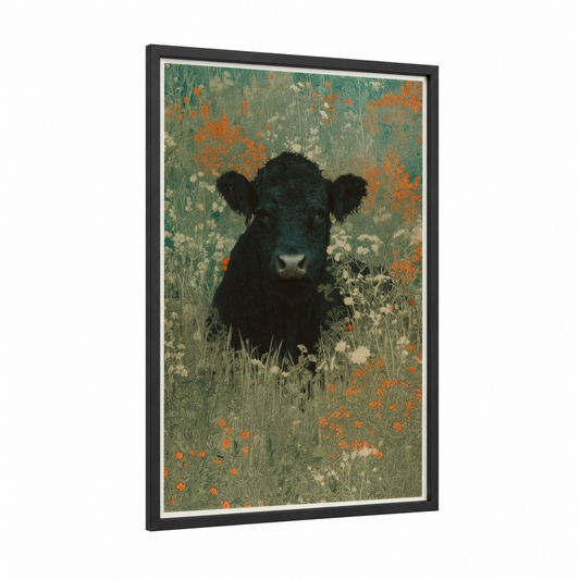 Wildflower Angus framed angus cow print — black wood frame — dark green and russet palette