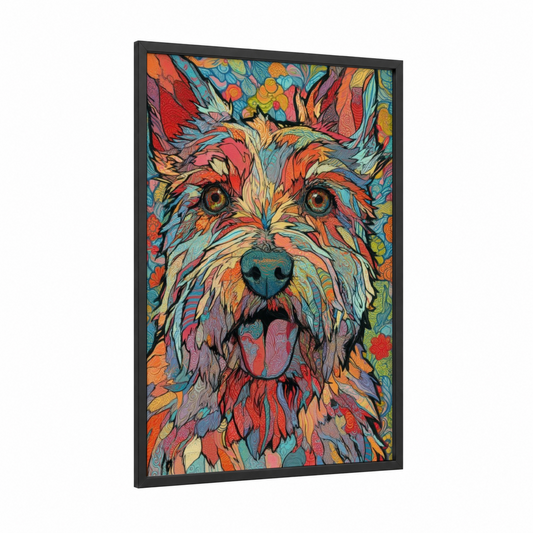 Rainbow Terrier framed art print — black wood frame — orange and blue palette