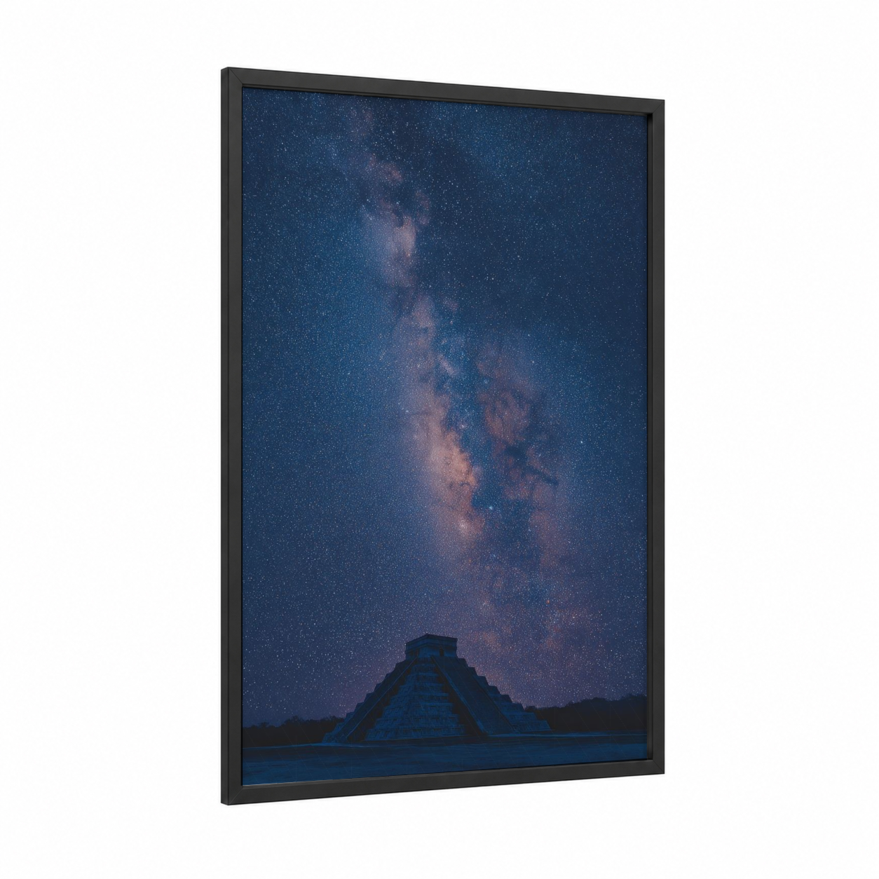 Cosmic Chichen Itza framed art print — black wood frame — dark blue and blue palette