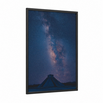 Cosmic Chichen Itza framed art print — black wood frame — dark blue and blue palette