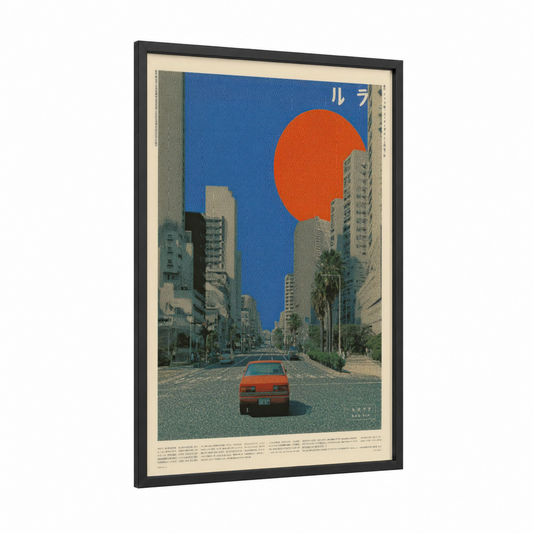 Neon Tokyo Dream framed japanese y2k print — black wood frame — blue and orange palette