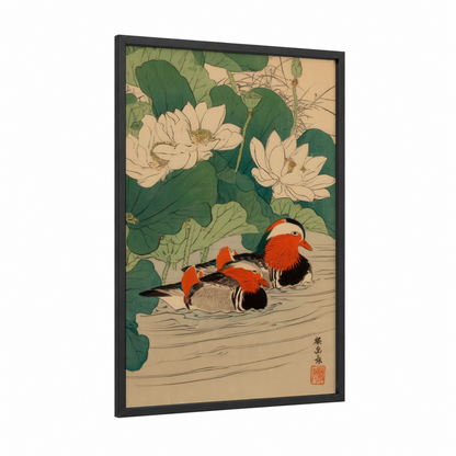 Mandarin Ducks Lotus framed art print — black wood frame — cream and dark green palette