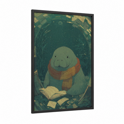 Cozy Reading Manatee framed manatees print — black wood frame — dark green and gold palette