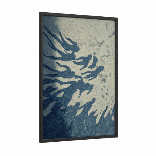 Flowing Synchrony framed synchronized swimming print — black wood frame — blue and white and dove gray palette