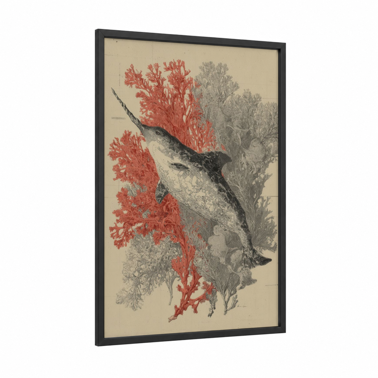 Coral Narwhal framed art print — black wood frame — salmon pink and gray palette