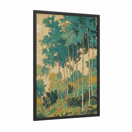 Verdant Bamboo Grove framed art print — black wood frame — teal and gold palette