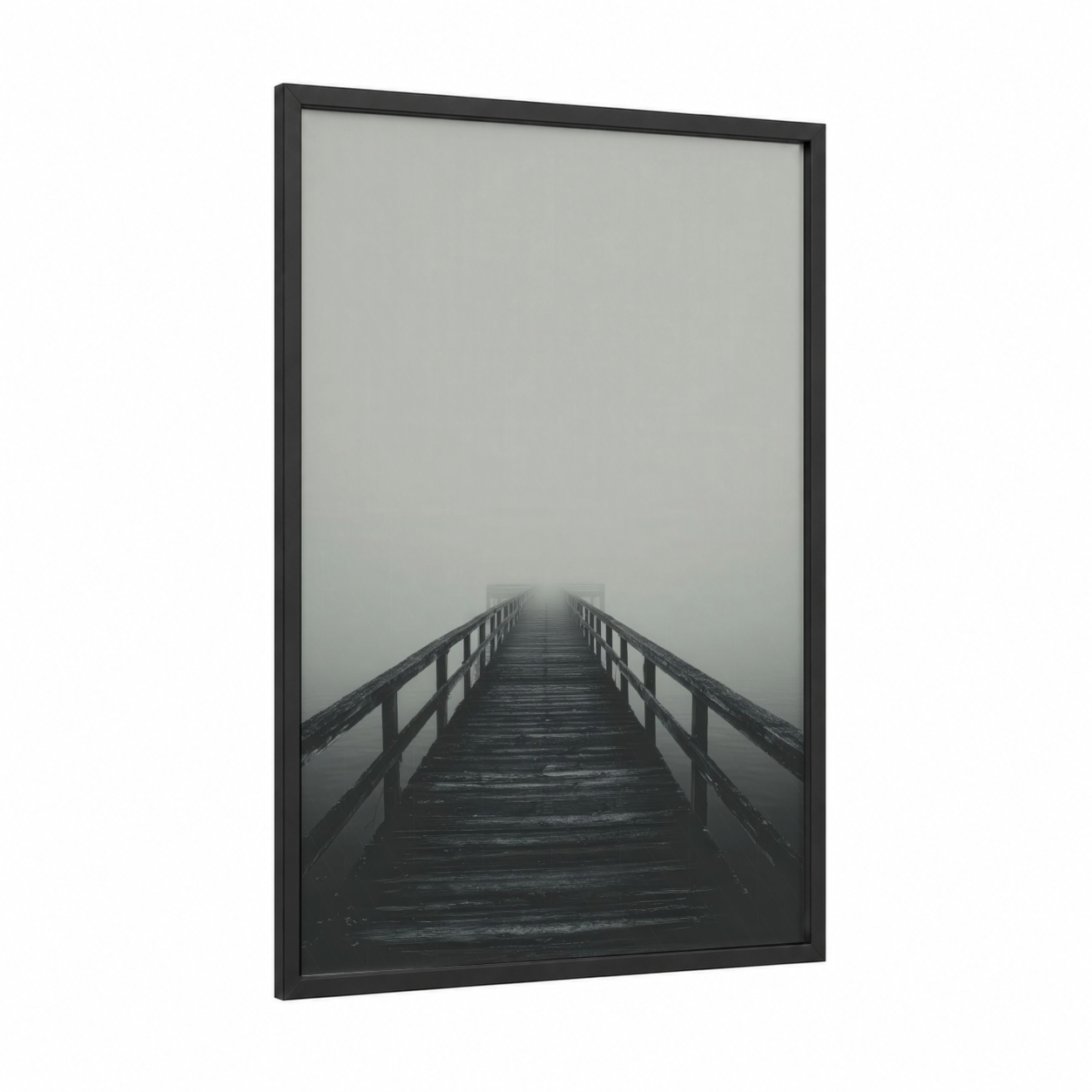 Misty Pier framed docks and piers print — black wood frame — black and white and gray palette