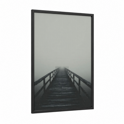 Misty Pier framed docks and piers print — black wood frame — black and white and gray palette
