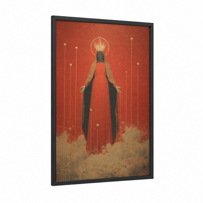 Crowned Virgin Mary framed art print — black wood frame — red and gold and white palette