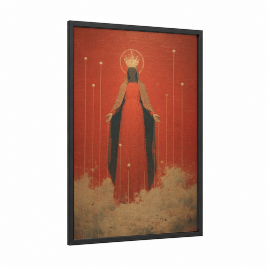Crowned Virgin Mary framed art print — black wood frame — red and gold and white palette