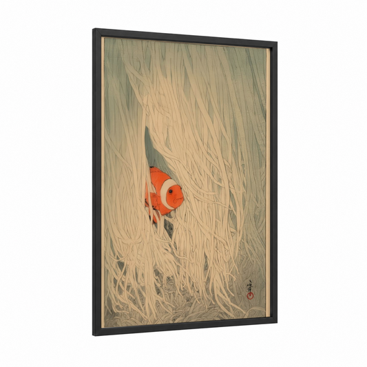 Clownfish Sanctuary framed clown fish print — black wood frame — light green and cream palette