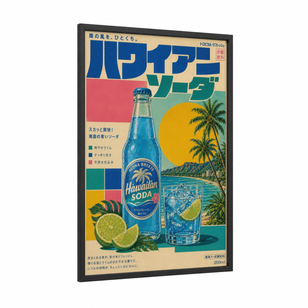 Vintage Hawaiian Soda Advertisement Wall Art framed cocktail print — black wood frame — blue and yellow palette