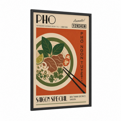 Vietnamese Pho Noodle Soup Kitchen Wall Art framed pasta print — black wood frame — cream and olive palette