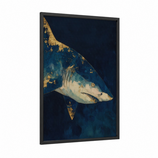 Golden Lemon Shark framed art print — black wood frame — blue and gold and dark blue palette