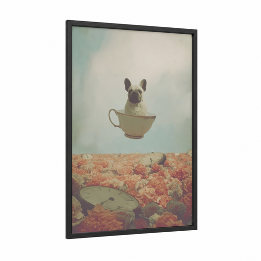Teacup Bulldog framed art print — black wood frame — sage green and salmon pink palette