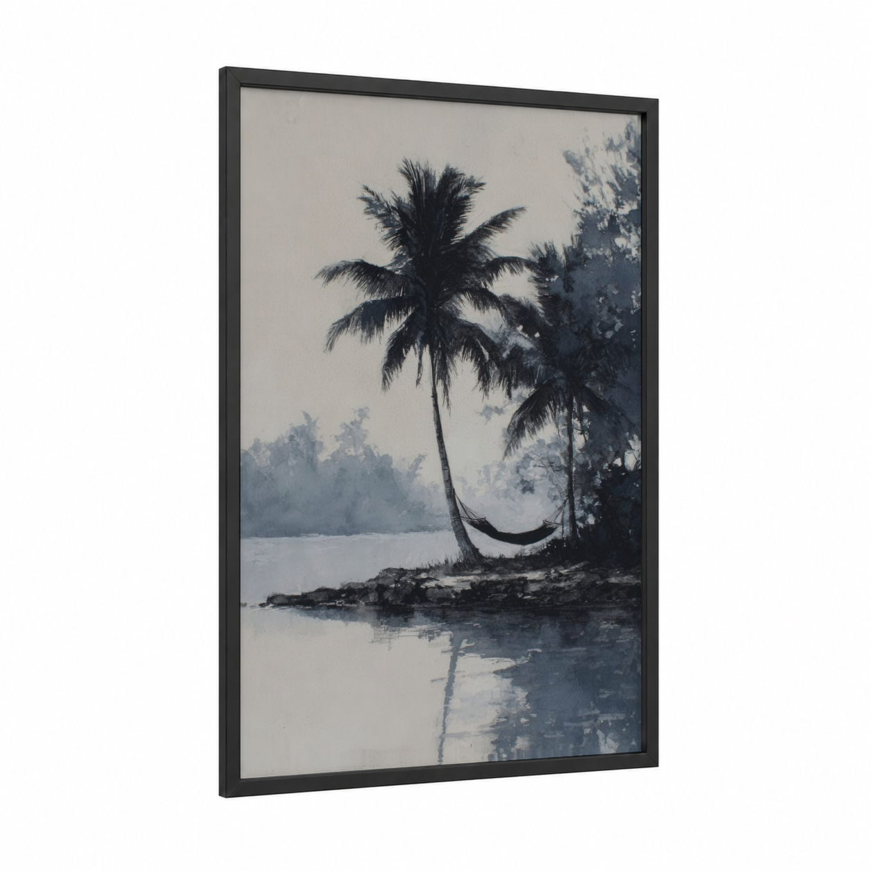 Tropical Island Swing framed art print — black wood frame — gray and blue and white palette