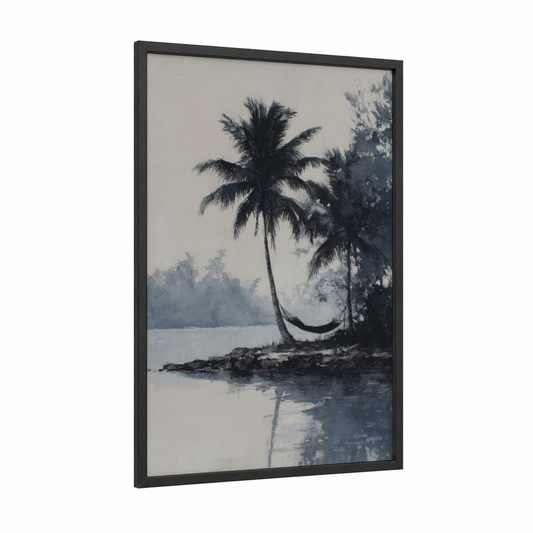 Tropical Island Swing framed art print — black wood frame — gray and blue and white palette