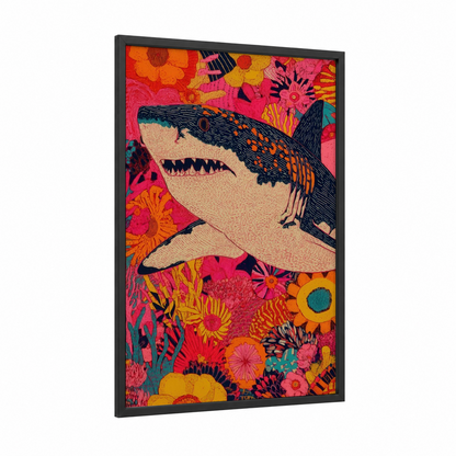 Floral Shark framed great white shark print — black wood frame — magenta and orange palette