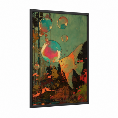 Bubble Dream Angelfish framed angel fish print — black wood frame — teal and orange palette