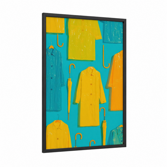 Rainy Day Raincoats framed retro fashion print — black wood frame — yellow gold and turquoise palette